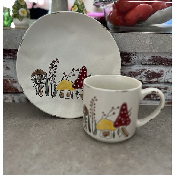 Hand Painted Mushroom Plate & Matching Mug Hobo Hippie Cottage Core Fairy Decor - Picture 1 of 10